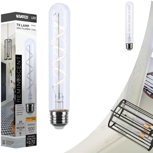 Satco S11524 LED Bulb, 6W (40W Eq), T9 Vintage Style, Flex Gray Coil Filament, 2700K Warm White, E26 Medium Base, Dimmable, Clear Glass, 500 Lumens, 120V, Enclosed Fixture Rated