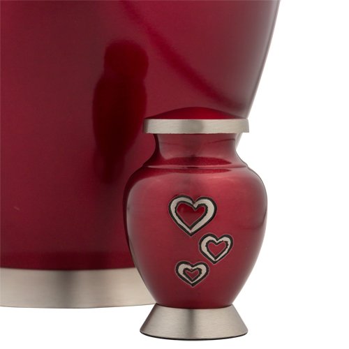 Loving Hearts Keepsake Cremation Urn for Ashes, Brass, Red Urn, Keepsake Sized Cremation Urn, 3 Inches High