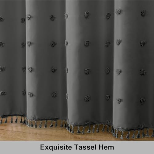 LilyCat Boho Farmhouse Grey Fabric Shower Curtain, 72x72 Tufted Pleat Floral Puffs Textured Tassel Cute Rustic Vintage Shower Curtain for Bathroom, Minimalist Cloth Shower Curtain Set with Hooks by LilyCat - Used condition - Image 6