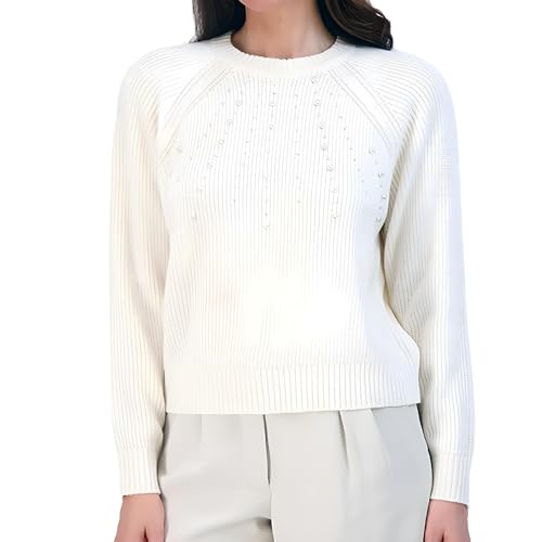 French Connection Womenβs Pearl Embellished Sweater - Long Sleeve Crewneck Pullover, Soft Knit Lightweight Casual Basic Fashion Top (Beige, Large) by French Connection - Used condition - US$8.11