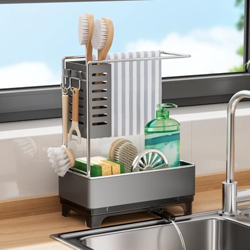 Kitchen Sink Caddy, Sponge Holder for Kitchen Sink with Brush Holder & Dishcloth Rack, Rustproof Sink Organizer Countertop, Kitchen Organizers Storage Essentials, Gray