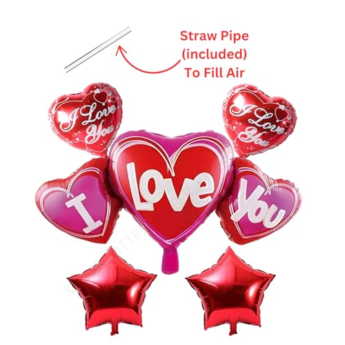 Image of KITTER I Love You Balloons for Decoration - Heart Balloons Set with 2 Red Stars, 1 Big Heart Foil Balloon & 2 inchI Love You inch Balloons for Romantic Occasions