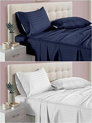Luxury Trends ® 210 TC Glace Cotton Satin Stripes/Lining Combo of 2 Plain Bedsheets for Double Bed with 4 Pillow Covers (White and Blue) Hotel Guest Room