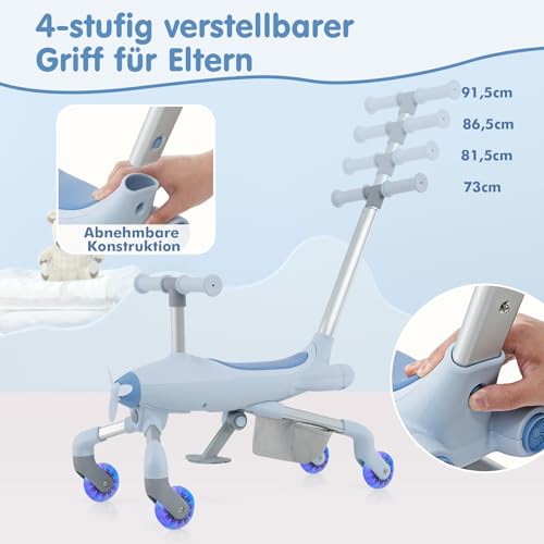COSTWAY Dreirad mit Schubstange, 2 in 1 Schiebeauto & Rutschauto mit LED Rädern, Laufrad in Flugzeugoptik für Kleinkind ab 18 Monaten, Kinderdreirad mit Pedal und Stauraum, bis 50kg belastbar (Blau) – Bild 5