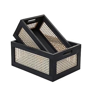 Wood Baskets, Rattan Storage Baskets for Organizing, Black, Set of 2 Wood Baskets Rattan Storage Baskets for Organizing Black Set of 2