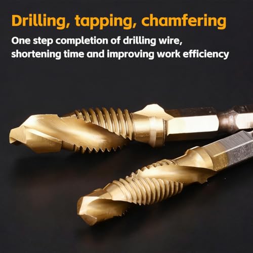 Kombi-Bohrer und Gewindeschneider 6-teiliges Set, Schnellwechsel-Gewindebohrer mit Titan-Beschichtungsverfahren, Kombigewindebohrer mit Sechskantschaft für Metall, Holz, Kunststoff, M3 M4 M5 M6 M8 M10