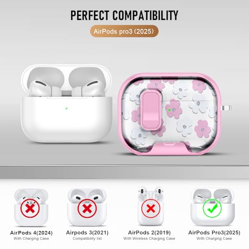 Image of Compatible Airpods Pro 3 Case (2025) with Phone Stand & Cleaner Kit,Cute Flower Print Soft Silicone Lock Clip Apple AirPods Pro 3rd Generation Case, Airpod Pro 3 Cover with Keychain for Women /Girls