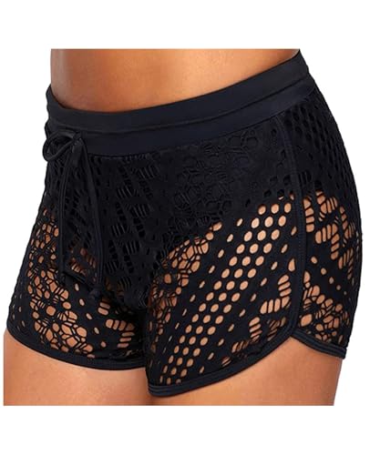 ECUPPER Womens Lace Tankini Bottoms Crochet Hollow Out Bikini Swim Board Shorts Black L