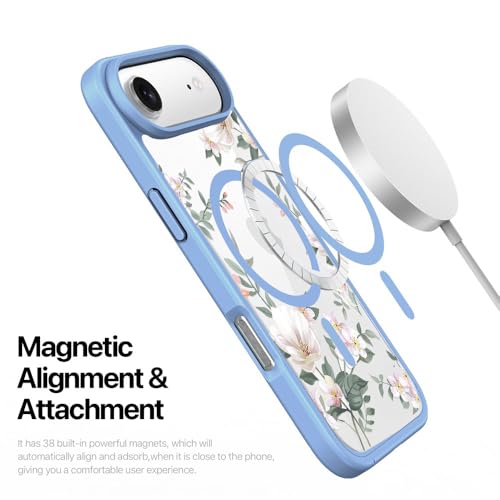 Image of VONZEE Back Cover Case Compatible with iPhone 17 Air Case, Luxury Retro Flowers Floral Clear for Magnetic Wireless Charging Shockproof PC+TPU Cute Glossy Shiny for Girls Women, 6.6''|Official Blue