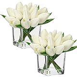 DILATATA 2 Pack Artificial White Tulips in Vase with Faux Water 5.5' Real Touch Flowers Fake Tulips Small Flowers Arrangement in Cube Glass Vase for Dining Table Centerpiece Wedding Home Decor