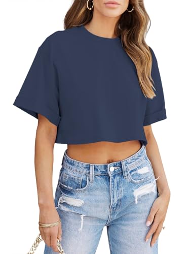 Image of Tankaneo Women Crop T-Shirts Half Sleeve Drop Shoulder Cropped Tops Y2K Casual Summer Basic Tees