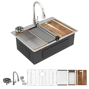 30″x22″ Drop In Kitchen Sink Ledge Workstation – 16 Gauge 304 Stainless Steel Top Mount Overmount Single Bowl Sink Basin with Faucet Combo & Glass Rinser