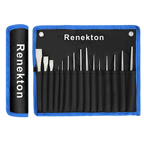 Renekton Punch and Chisel Set, Includes Taper Punches, Cold Chisels, Pin Punches, Center Punches, Chisel Gauge and Black Oxford Packet, 16 Pieces