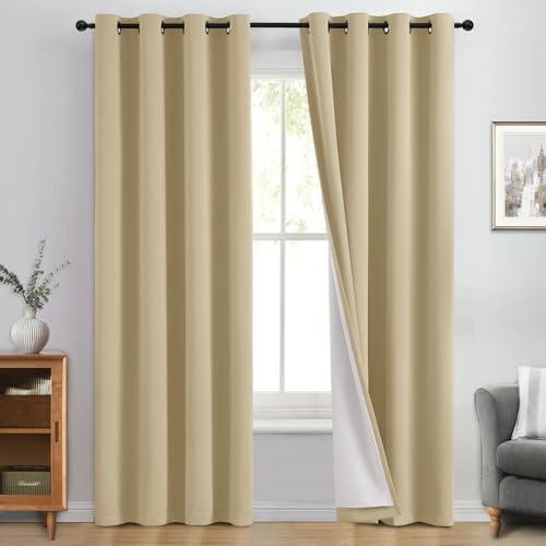 Image of Yakamok Beige 100% Blackout Curtains 96 Inches Long for Bedroom 50 inch Wide | Blackout Curtain Panels for Bedroom, 2 Thick Layers Grommet Top Thermal Insulated Drapes with White Back for Living Room