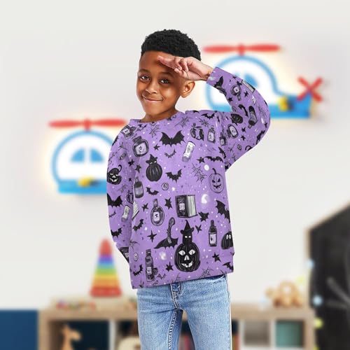 JUNZAN Halloween Pumpkin Cat Witch Cute Spooky Big Girls Pullover Hoodie Crewneck Boys Sweat Shirt Athletic 4T4