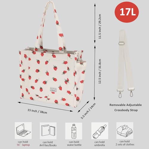 Image of UERRUAM Tote Bag for Women with Compartments,Large Corduroy Tote for Work Travel College Book Bag Hard Bottom Crossbody Bag,Strawberry