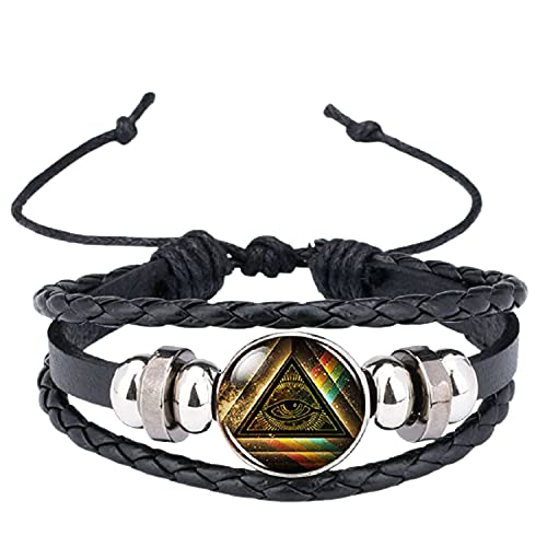 Bracelet en cuir noir avec symbole de franc-maçon illuminati - Multicouches - Pour homme et femme Cover