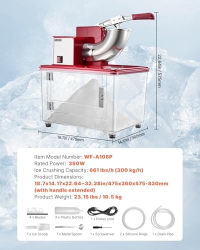 Image of VEVOR Commercial Ice Crusher 661LBS /H, 350W Electric Snow Cone Machine with 4 Blades, 2000RPM Stainless Steel Shaved Ice Machine with 11 Gal Crushed-Ice Box, for Family Restaurants Bars, Red