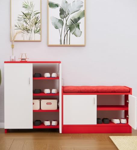 Image of SPECIALITY PANELS Shoe Rack with Cushioned Seating Bench | 2 Door Shoe Cabinet with Storage | Shoe Organizer for Entryway Home Living Room | Combo Set of 2 | DIY Assembly | Red and White