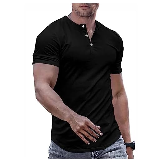 JMIERR Mens Muscle Slim Fit Button Henley Shirts Summer Crewneck Short Sleeve Longline Fitted T-Shirt Gym Workout Athletic Tee Shirt for Man, 2XL, Black