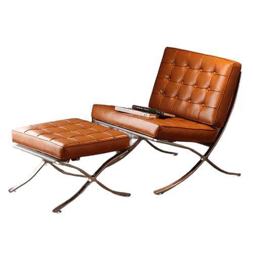 Silla de salón retro con reposapiés, reclinable de piel para salón, balcón, dormitorio, piel encerada sintética, hierro galvanizado, diseño elegante marrón