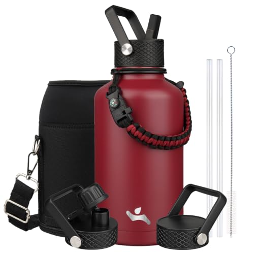 Image of Konokyo Half Gallon Insulated Water Bottle with Straw,64 oz 3 Lids Water Jug with Carrying Bag,Paracord Handle,Double Wall Vacuum Stainless Steel Metal Flask,Dark Red
