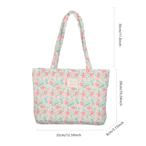 Image of Floral Quilted Cotton Shoulder Bag for Women Daily Use Medium Size Handbag Large Capacity Thickened Design Tote