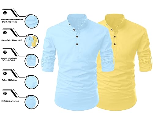Image of FINIVO FASHION Combo of Men's Cotton Blend Solid Regular Fit Full Sleeve Straight Short Kurta Shirt, Casual and Formal Wear