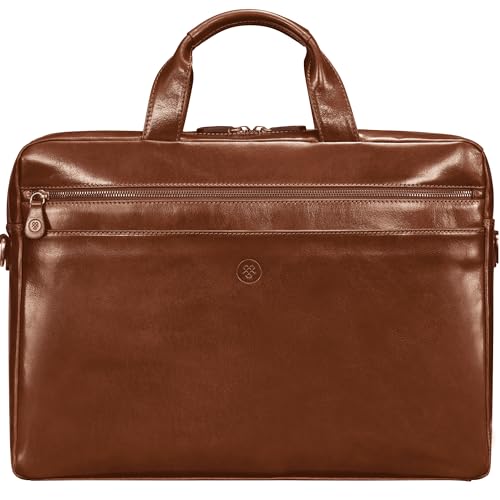 Maxwell Scott - Herren-Luxus-Business-Laptoptasche aus Leder mit Trolley- Aufsteckfunktion - Handgefertigt aus italienischen Vollnarbenhäuten - The Teramo Cognac