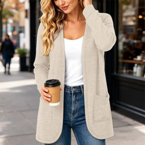 XINGJIAARTS Cardigans for Women Trendy Dressy Long Sleeve Open Front Casual Cardigan Fall Sweater Jacket Clothes with Pockets Beige Small - image 2