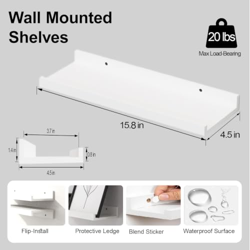Image of White Floating Shelves for Wall Decor, 16 in Shelf with Lip Set of 2