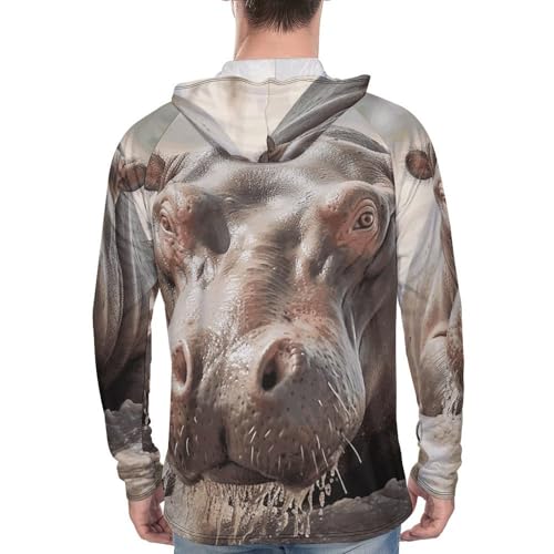 Mens UPF 50+ Sun Protection Hoodie Rash Guard Long Sleeve Sun Shirt Hiking Hippopotamus in Water Fishing Hoodie-3