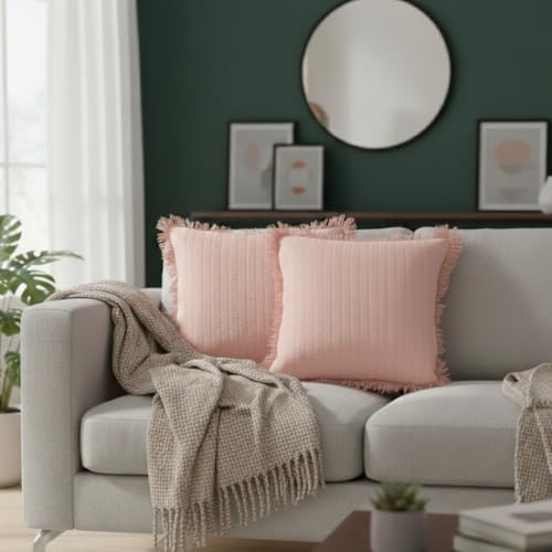 Image of Cotton Cushion Covers 16x16 Inch | Handwoven Pink Decorative Square Cushion Case with Fringe | Sofa, Living Room, Bedroom, Diwan Home Decor Throw Cushion Cover