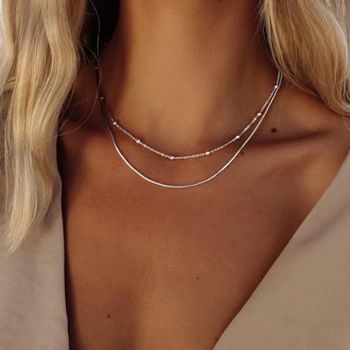 Image of Freekiss Layered Necklace Set for Women Stackable | Herringbone Snake Cuban Rope Chain, Dainty Choker, Layered Stackable, Non Tarnish, Hypoallergenic, Adjustable 14-18.5 inch