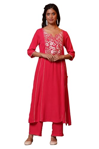 Image of Aurelia Women's Pink Metallic Embroidered Kurta and Palazzo Co-ord Set