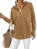 PRETTYGARDEN Womens Long Sleeve Quarter Zip Pullover Sweater Casual Loose V Neck Collared Ribbed Knit Jumper Tops Thumb Hole(Khaki,Medium)