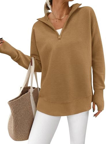 Image of PRETTYGARDEN Womens Long Sleeve Quarter Zip Pullover Sweater | Casual Loose V Neck Sweaters with Thumb Hole, Collared Ribbed Knit Jumper Tops, Oversized Tunic Tops, Fall Outfits 2026