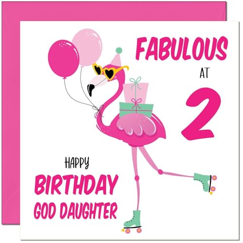 2nd God Daughter Birthday Card - Fabulous Flamingo - Pink Cute God-Daughters Birthday Card for 2 Year old Kids two, second