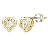 IEFWELL Heart Initial Stud Earrings for Girls, 14K Gold Plated Hypoallergenic CZ Heart Initial F Ear