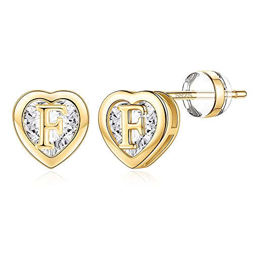 Iefwell Heart Initial Stud Earrings For Girls, 14K Gold Plated Hypoallergenic Cz Heart Initial F Earrings 925 Sterling Silver Earrings For Women Dainty Little Girl Low Sensitive Earrings For Kids #TOP14
