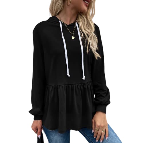 Yoxua Womens Casual Hoodies Peplum Tops, Long Sleeve Lightweight Drawstring Sweatshirt Jacket Pullover Shirts Blouse Black #TOP8