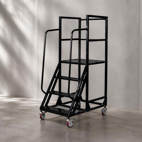 Image of 4-Step Rolling Warehouse Step Ladder, Lockable Wheels, Non-Slip Wide Steps, Dual Handrails, Movable Platform Ladder, Rolling Stairs for Warehouse, Supermarket, Library (Black, 4 Steps)