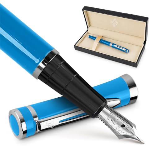 Wordsworth & Black Kit pluma estilográfica, pluma dorada media de 18 quilates, incluye 6 cartuchos de tinta, convertidor de recarga de tinta y caja de regalo, acabado dorado, caligrafía, [azul cielo]