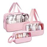 Ebbniur Clear Makeup Bag, 3 Pcs of Cosmetic Bags Set, Transparent PVC Travel Makeup Pouch, Waterproof Cute Toiletry Bag for Women (Pink)