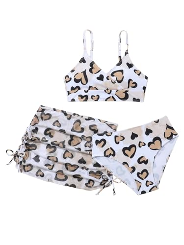 WDIRARA Girl's 3 Pieces Set Leopard Print Bikini Swimsuit with Drawstring Beach Skirt Ruched Teen Bikini