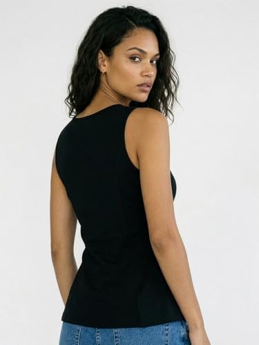 Image of Aahwan Black Solid Cotton Comfort Fit Round Neck Sleeveless Short Peplum Top for Women's & Girl's