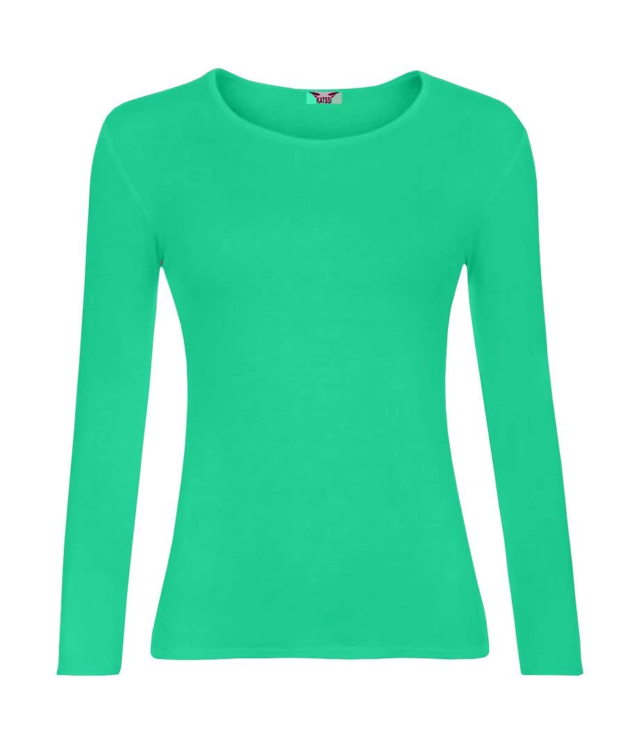 KATSSI Women’s Ladies Long Sleeve Stretch Plain Round Scoop Neck T Shirt Top XXL Jade Green