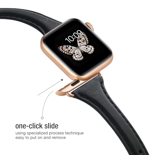 WFEAGL Leather Bands Compatible with Apple Watch Band 38mm 40mm 41mm Women, Top Grain Leather Strap Slim & Thin Replacement Wristband for iWatch SE & Series 9 8 7 6 5 4 3 2 1 (Black/Gold) - Thumbnail 4