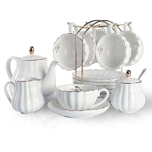 Porcelain Tea Sets British Royal Series, 8 OZ Cups& Saucer Service for 6, with Teapot Sugar Bowl Cream Pitcher Teaspoons and tea strainer for Tea/Coff