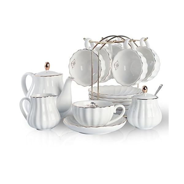 Porcelain Tea Sets British Royal Series, 8 OZ Cups& Saucer Service for 6, with Teapot Sugar Bowl Cream Pitcher Teaspoons and tea strainer for Tea/Coffee, Pukka Home (Pure White)